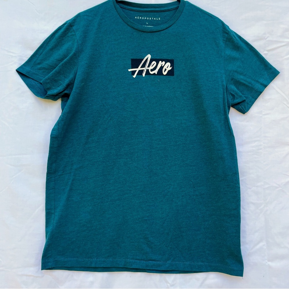 Aeropostale Script Box Logo Crewneck Graphic T-shirt “Storm” Teal Mens Size L